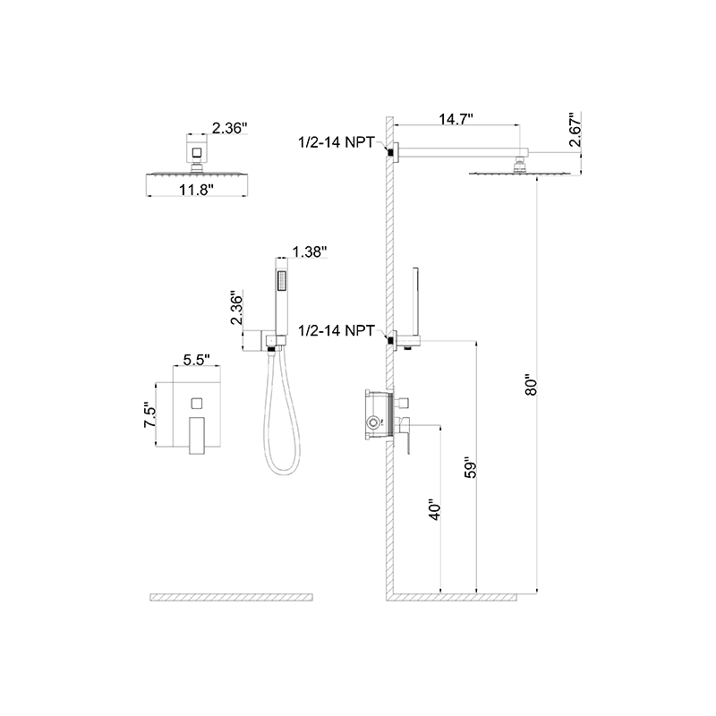 Giving Tree 12" Wall Mount Square Shower Systems with Head Shower & Hand Shower Combo Set - Image 30