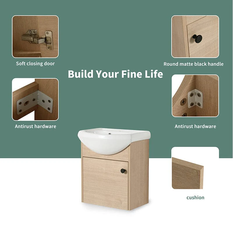 18 Inch Small Size Bathroom Vanity With Ceramic Sink, Wall Mounting Design - Image 9