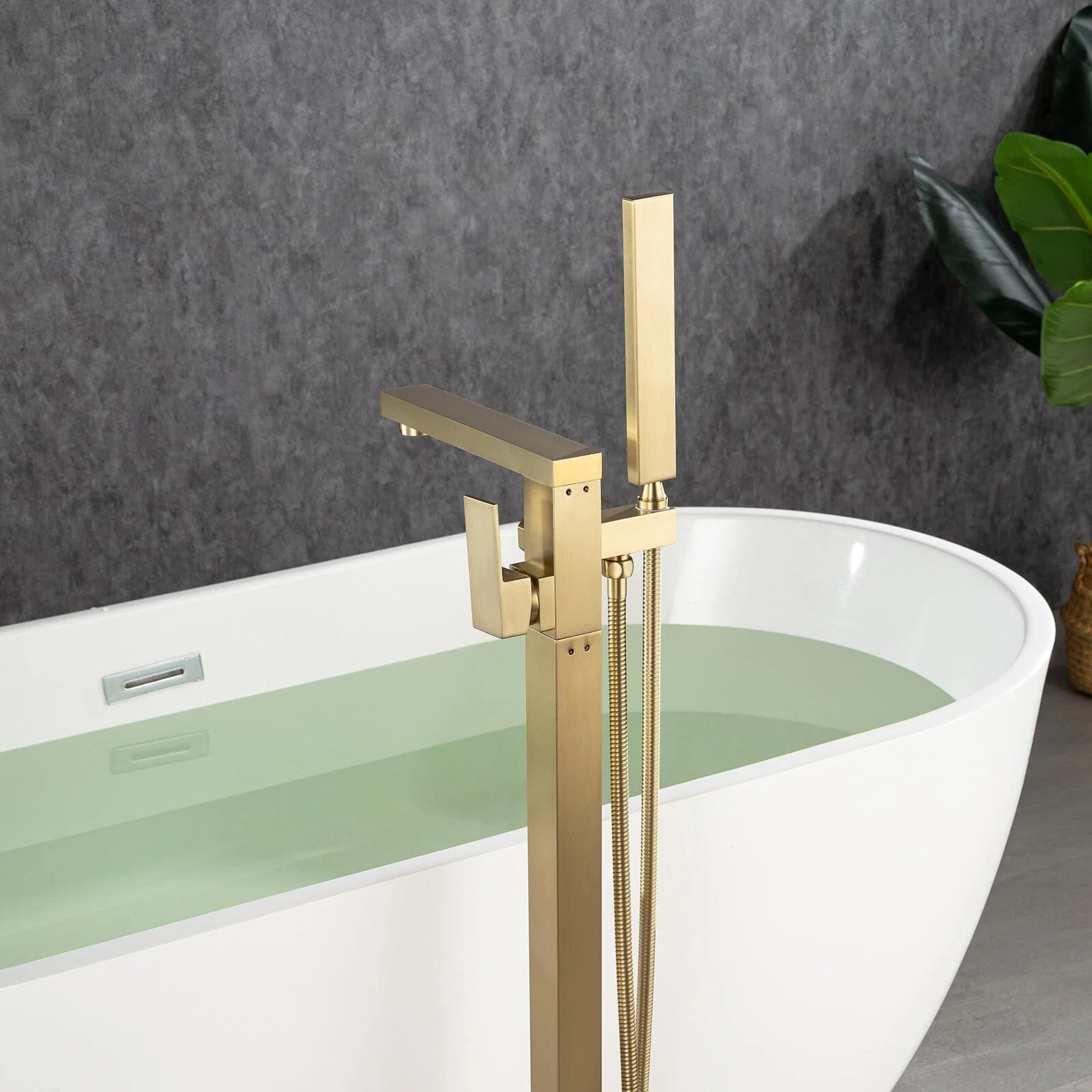 360° Rotation Freestanding Tub Filler Faucet with Hand Shower, Brushed Nickel & Brushed Gold - Image 11