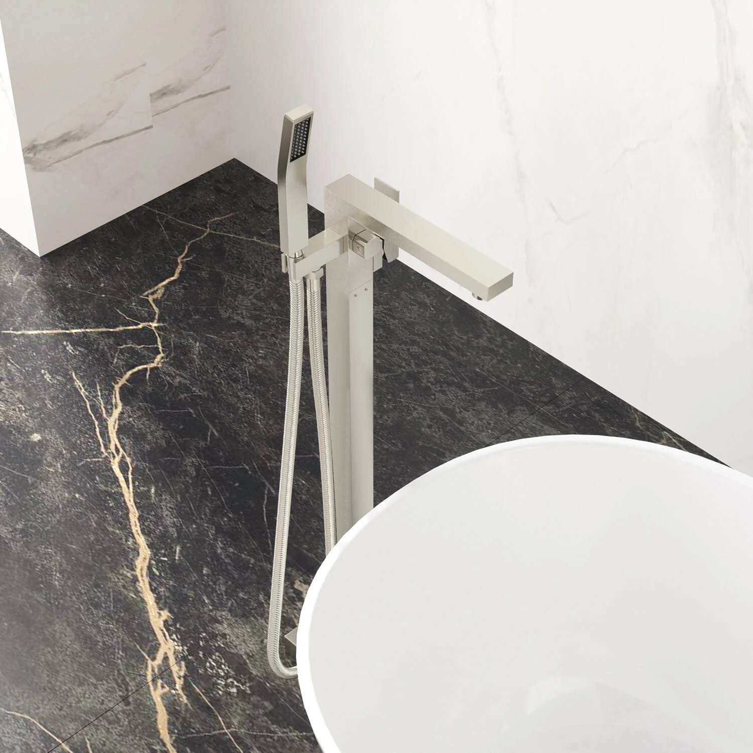 360° Rotation Freestanding Tub Filler Faucet with Hand Shower, Brushed Nickel & Brushed Gold - Image 3