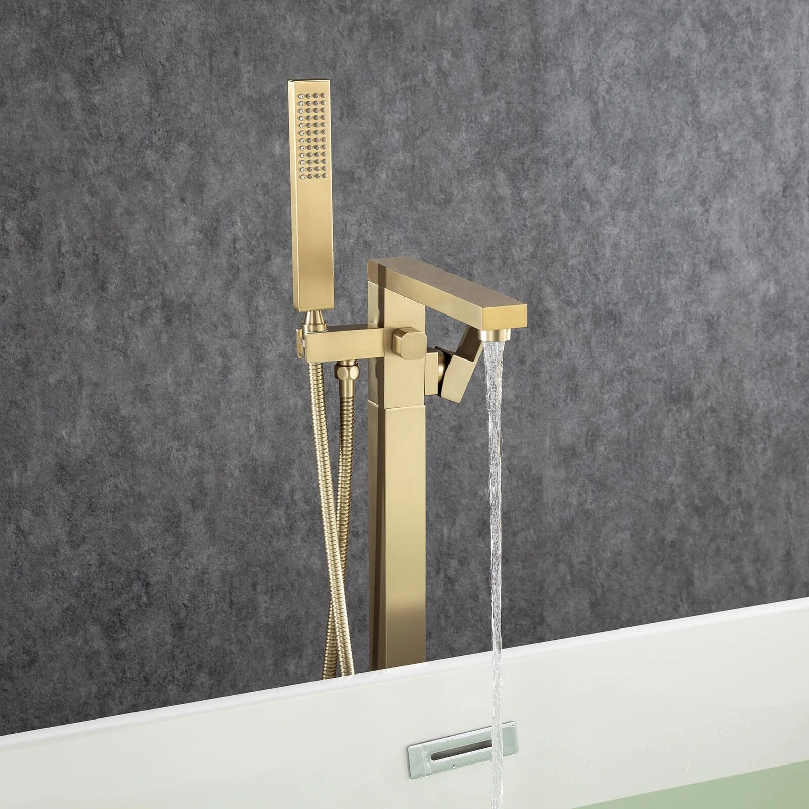 360° Rotation Freestanding Tub Filler Faucet with Hand Shower, Brushed Nickel & Brushed Gold - Image 8