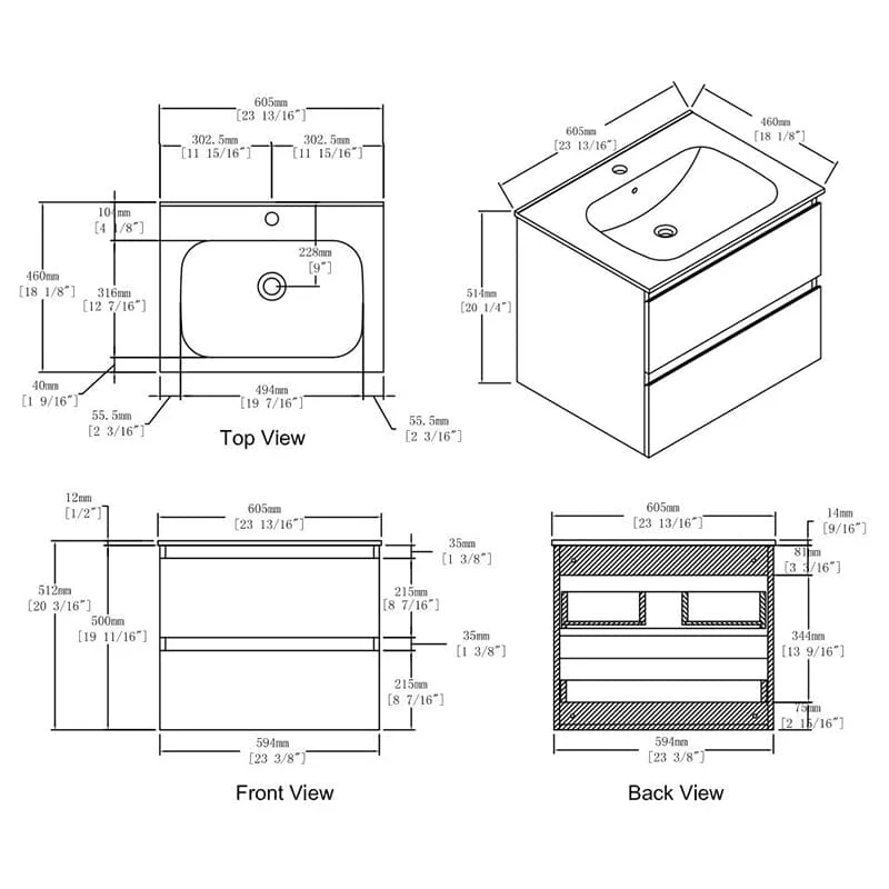 24'' Modern Floating Bathroom Vanity Single Ceramic Sink with Drawers - Image 17