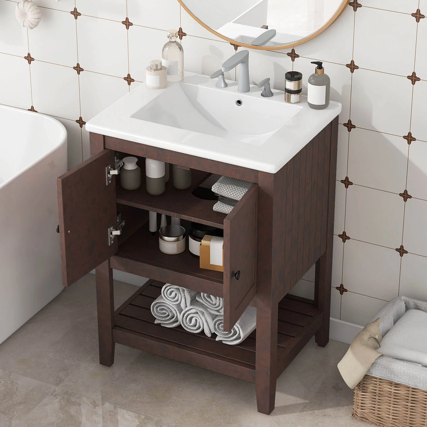 24" Modern Freestanding Bathroom Vanity with Open Style Shelf, Including Ceramic Sink - Image 10