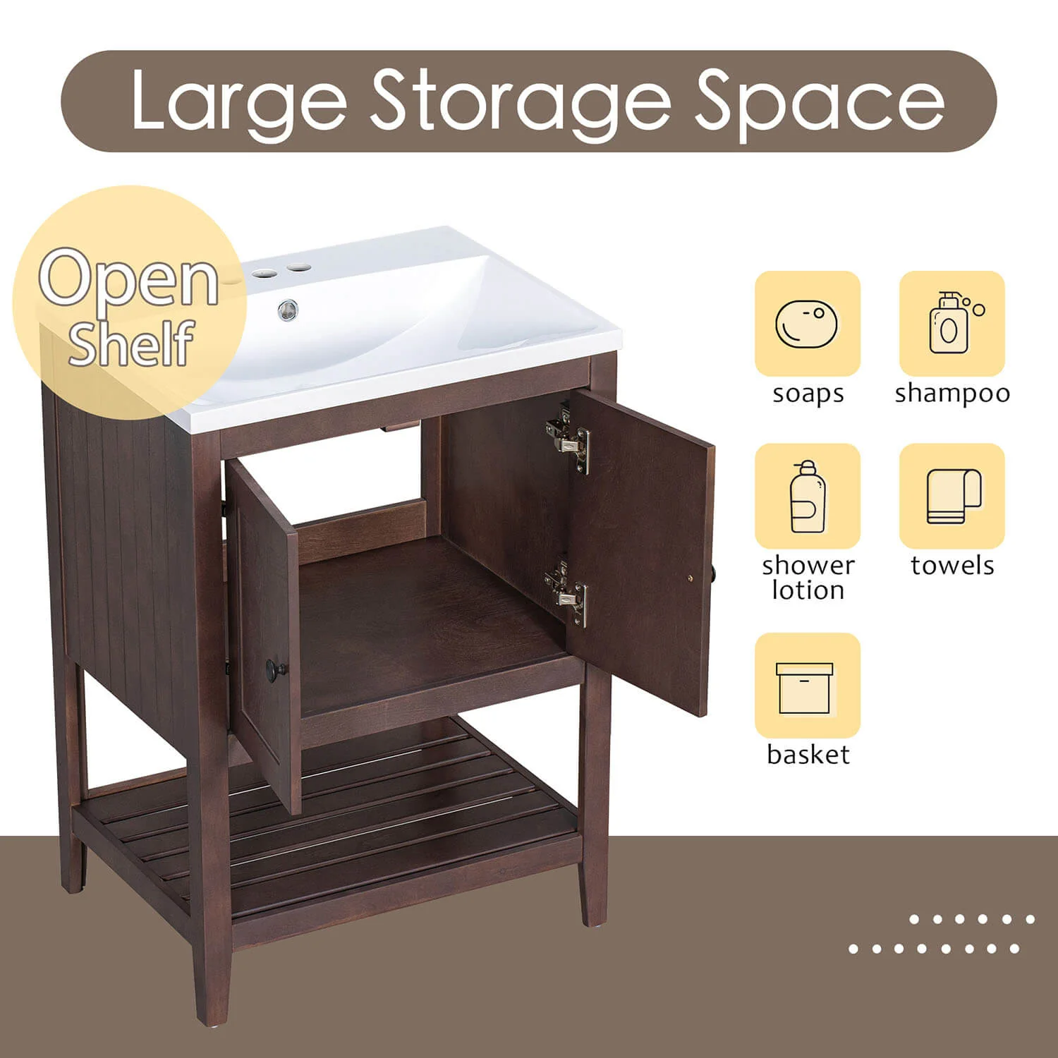 24" Modern Freestanding Bathroom Vanity with Open Style Shelf, Including Ceramic Sink - Image 11