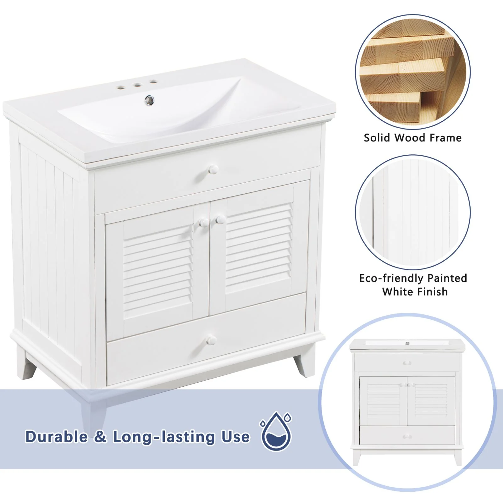 30" Wood Double Doors Bathroom Vanity, White Spacious Drawer Standalone Cabinet - Image 10
