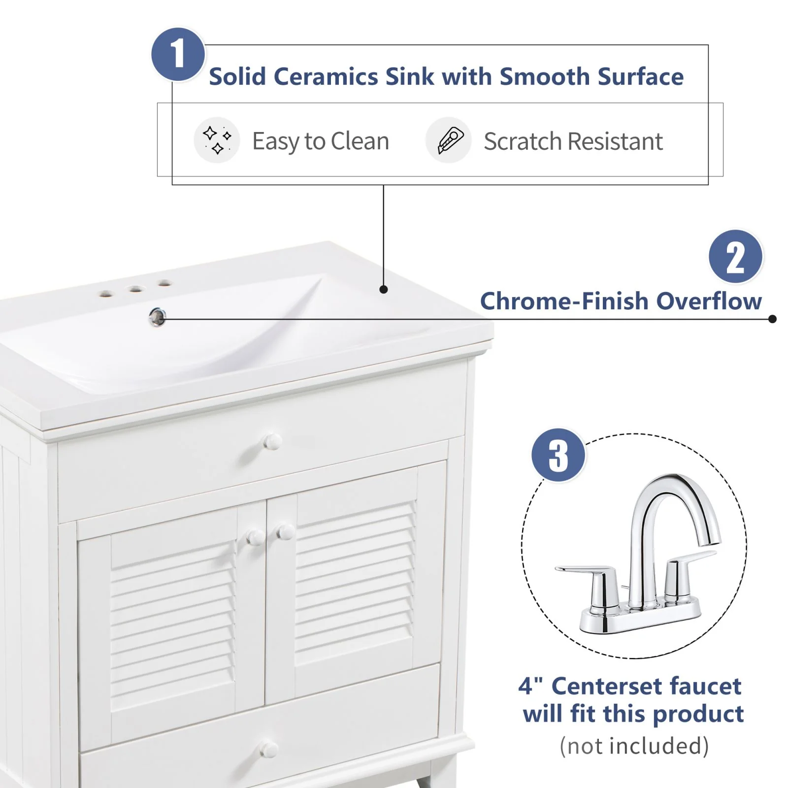 30" Wood Double Doors Bathroom Vanity, White Spacious Drawer Standalone Cabinet - Image 11