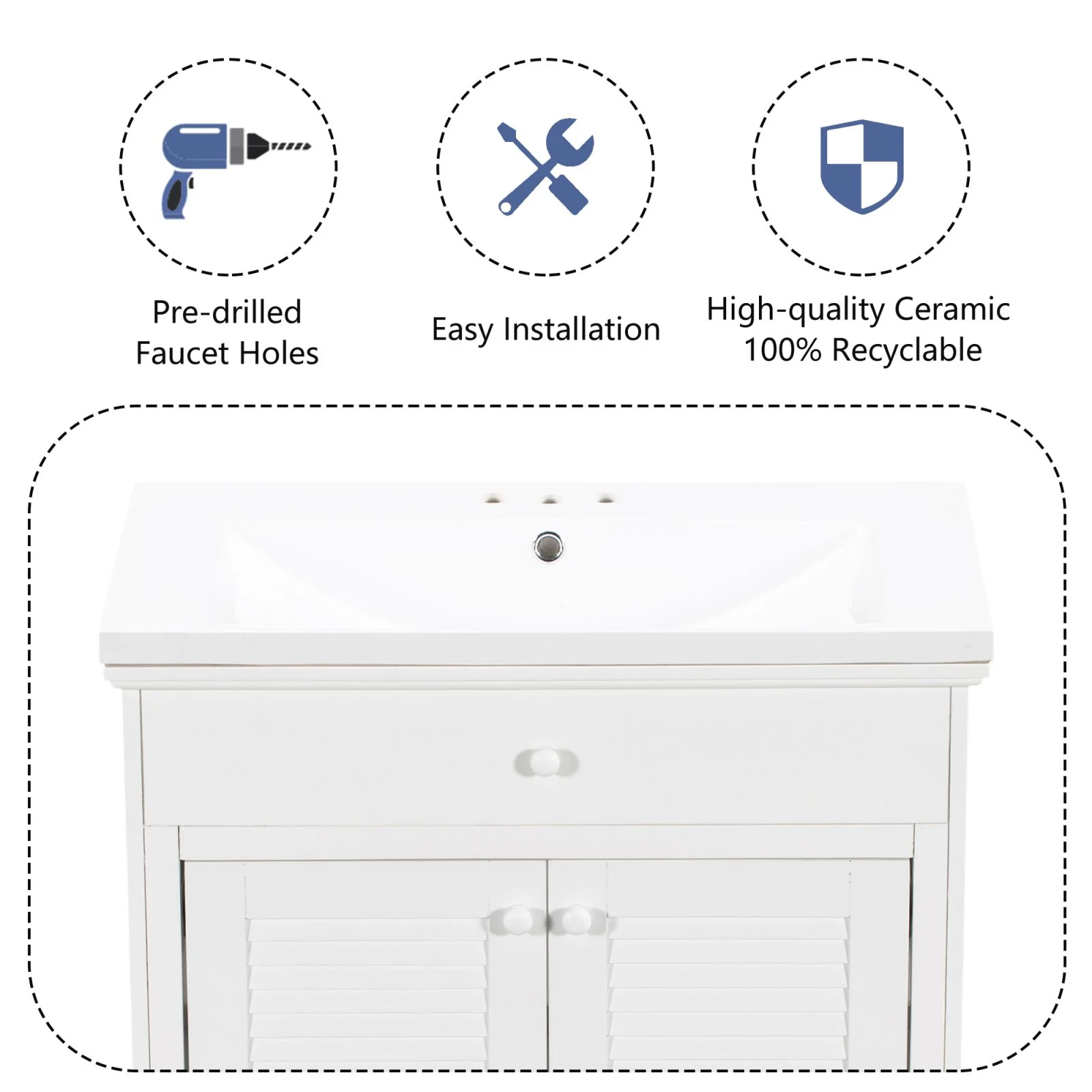 30" Wood Double Doors Bathroom Vanity, White Spacious Drawer Standalone Cabinet - Image 12