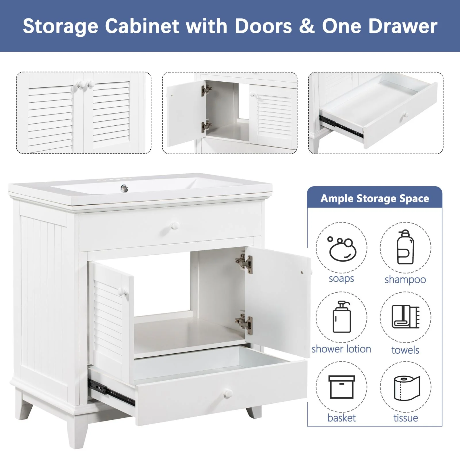30" Wood Double Doors Bathroom Vanity, White Spacious Drawer Standalone Cabinet - Image 13