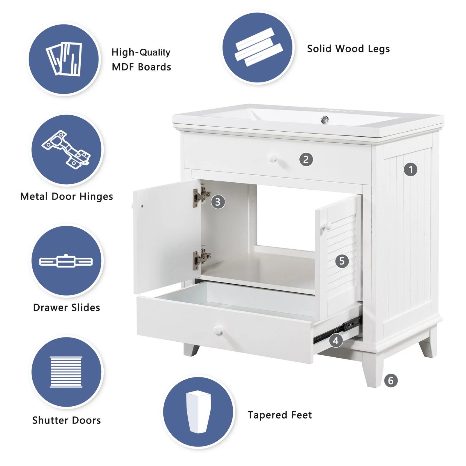 30" Wood Double Doors Bathroom Vanity, White Spacious Drawer Standalone Cabinet - Image 14