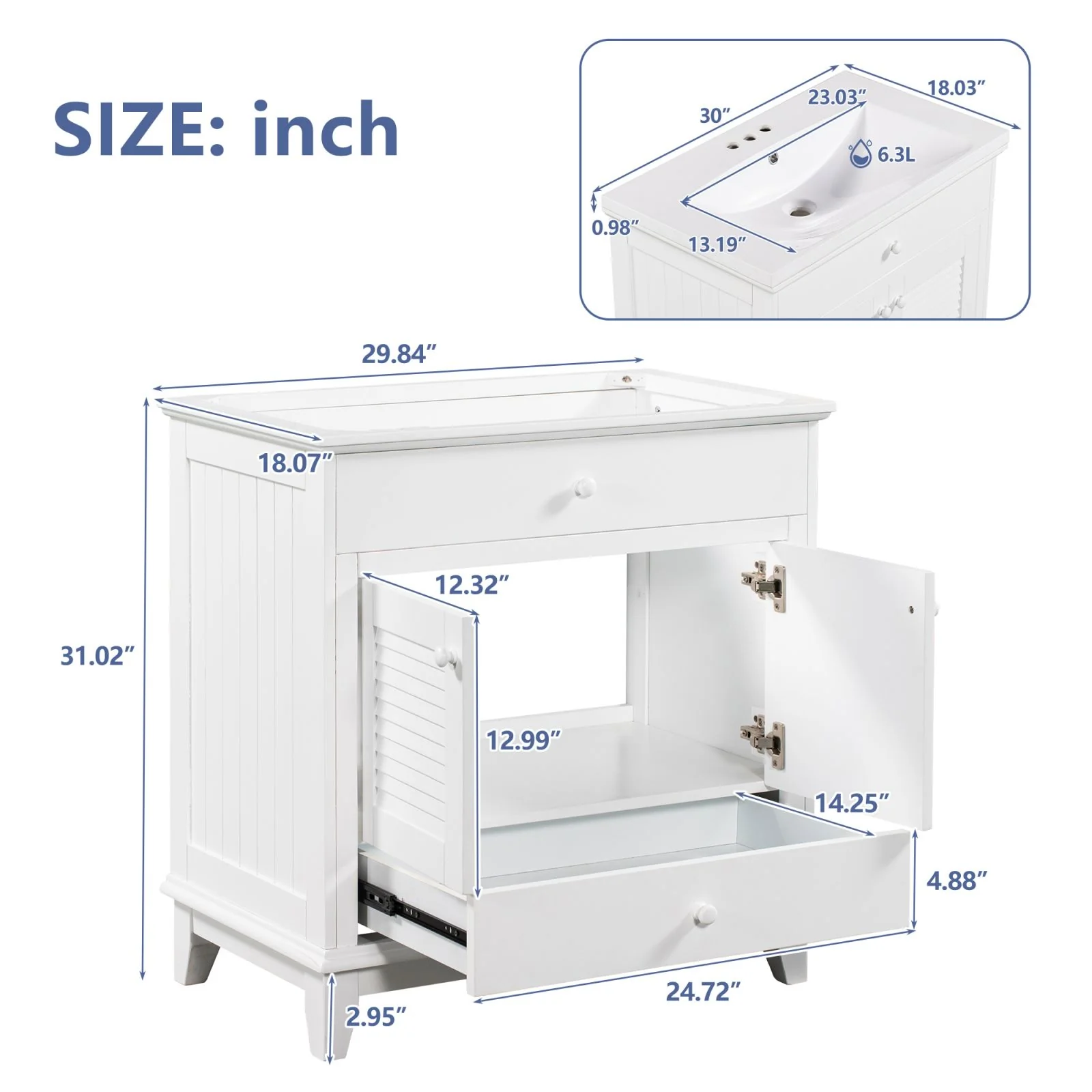 30" Wood Double Doors Bathroom Vanity, White Spacious Drawer Standalone Cabinet - Image 18