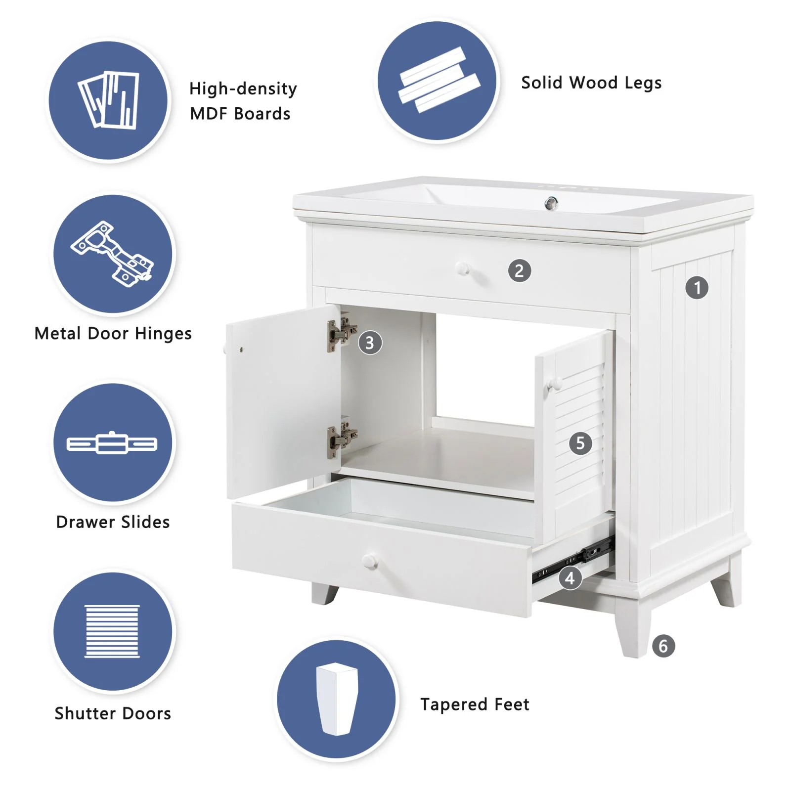 30" Wood Double Doors Bathroom Vanity, White Spacious Drawer Standalone Cabinet - Image 20