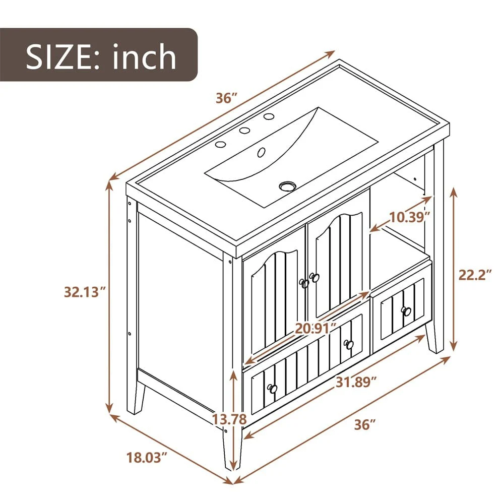 36" Brown Bathroom Vanity with Ceramic Basin - Image 12
