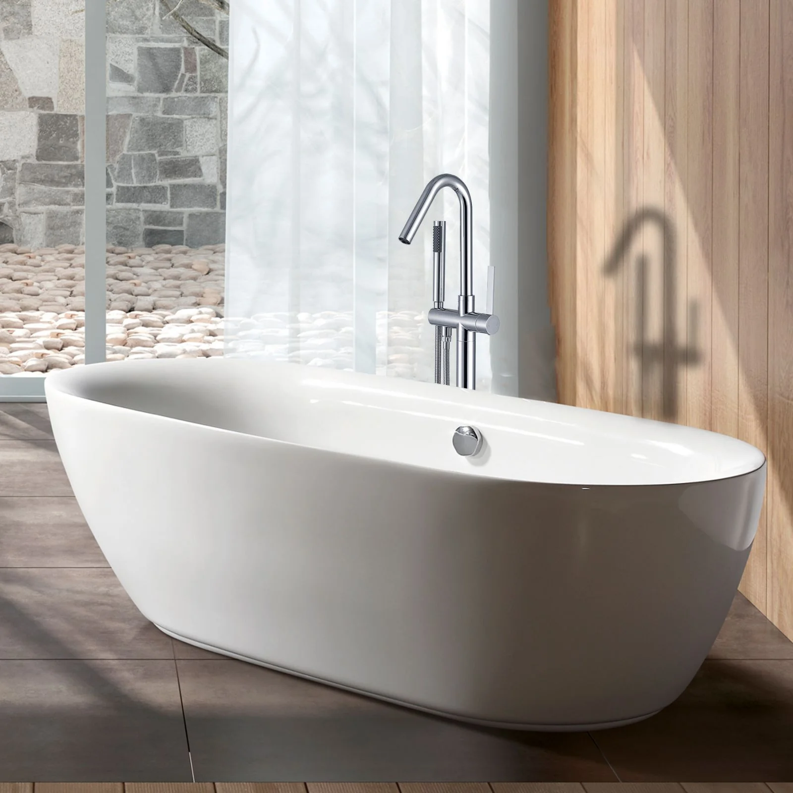 38" Hand Shower Streamline Freestanding Tub Filler Faucet, Chrome Polishing & Matte Black - Image 6