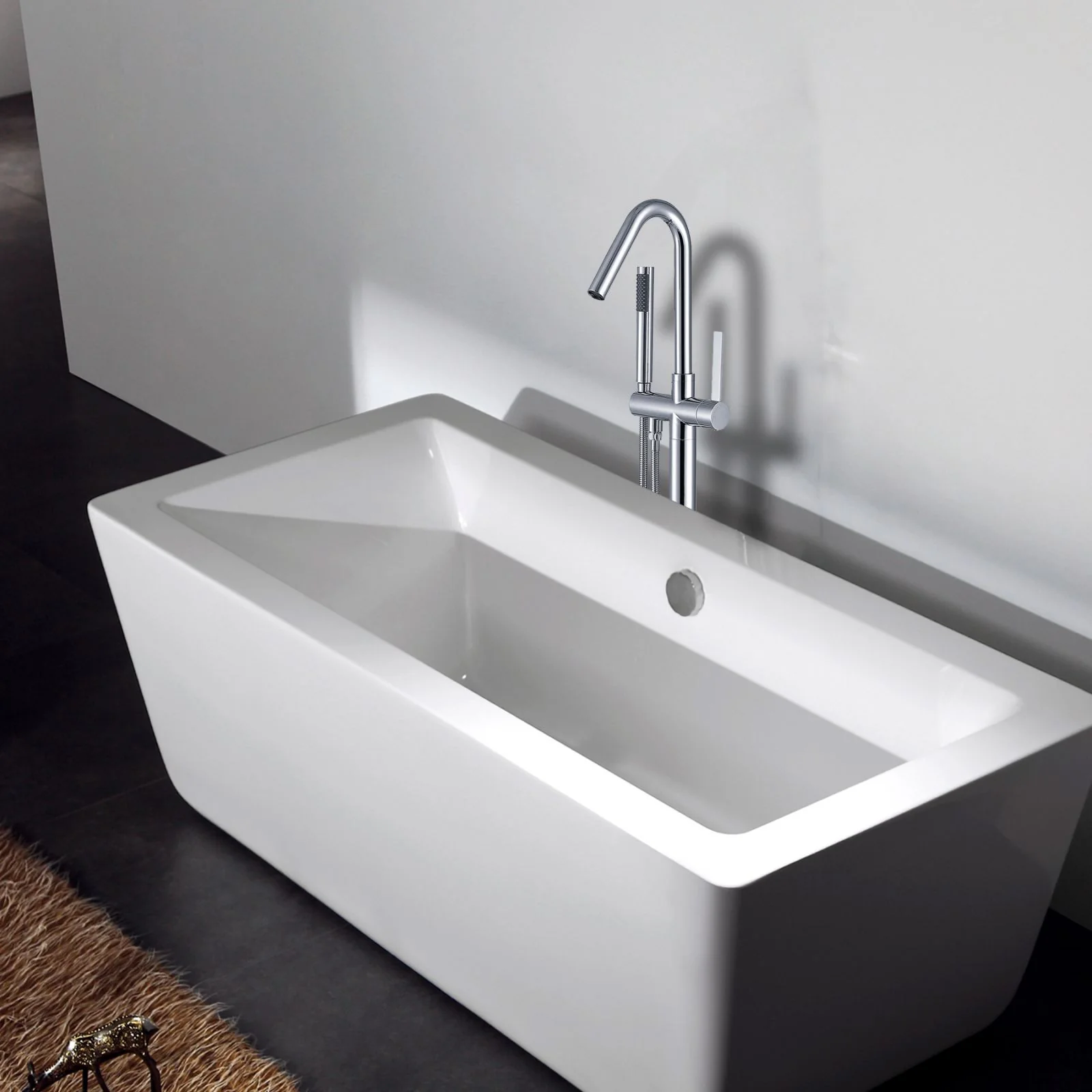 38" Hand Shower Streamline Freestanding Tub Filler Faucet, Chrome Polishing & Matte Black - Image 7