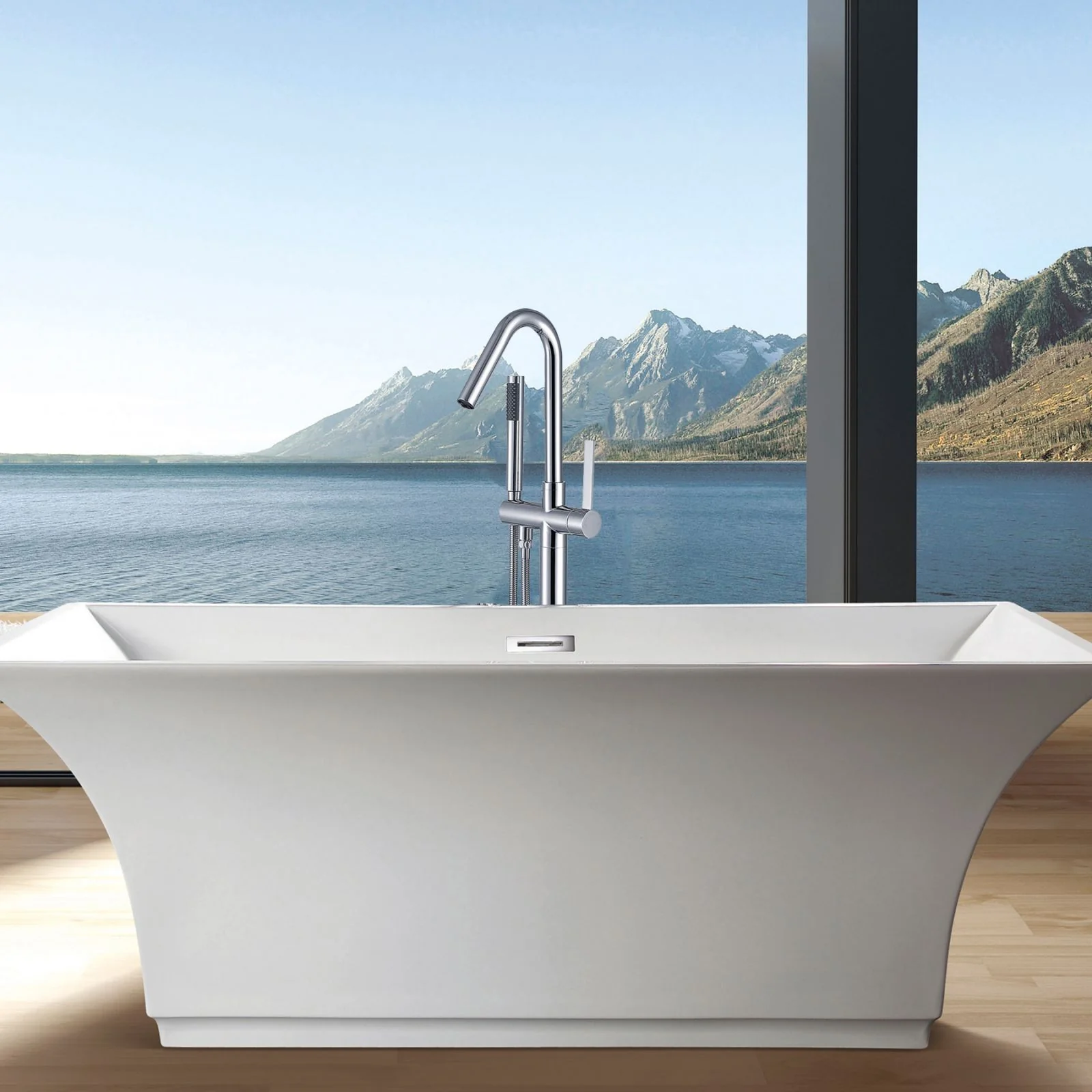 38" Hand Shower Streamline Freestanding Tub Filler Faucet, Chrome Polishing & Matte Black - Image 8