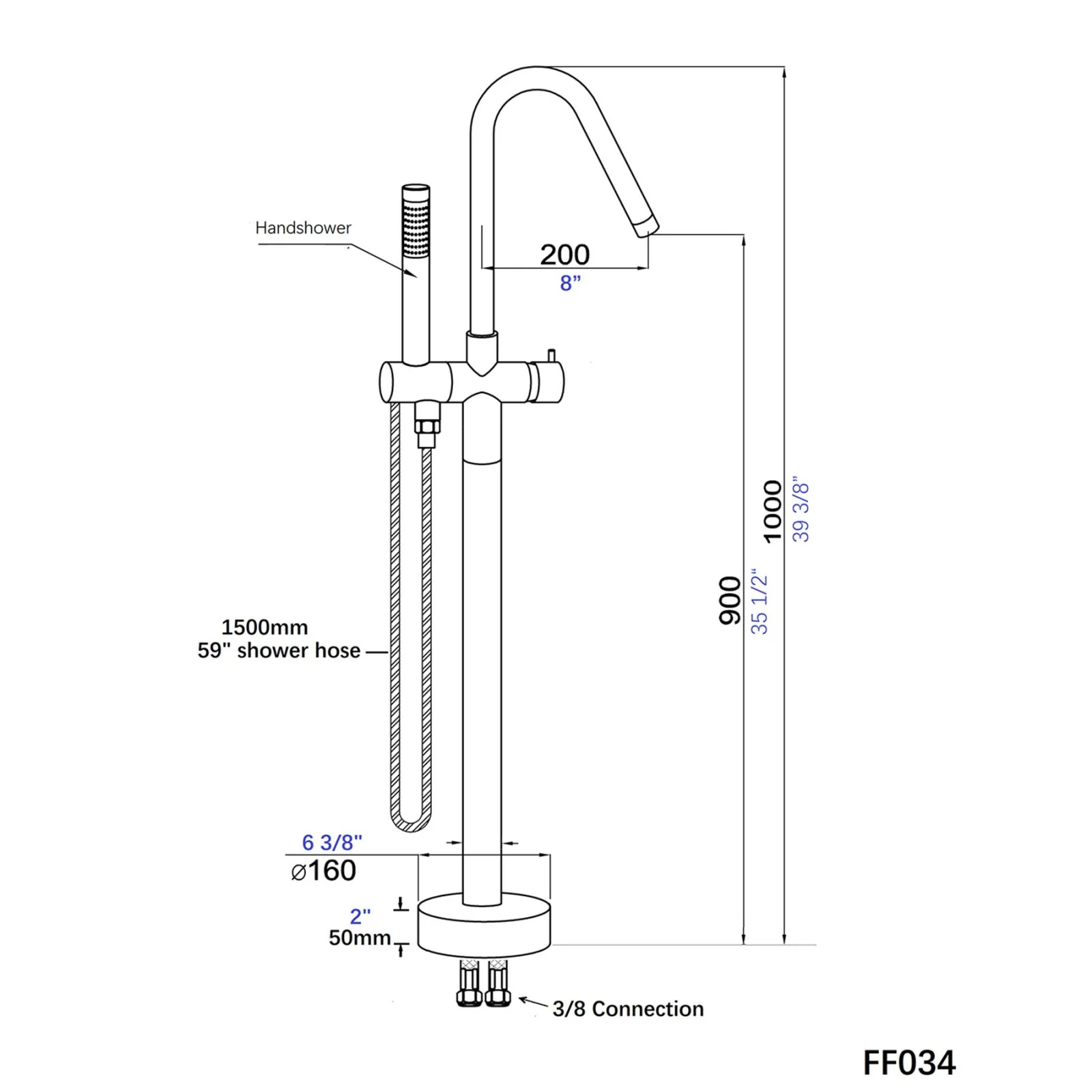 38" Hand Shower Streamline Freestanding Tub Filler Faucet, Chrome Polishing & Matte Black - Image 9