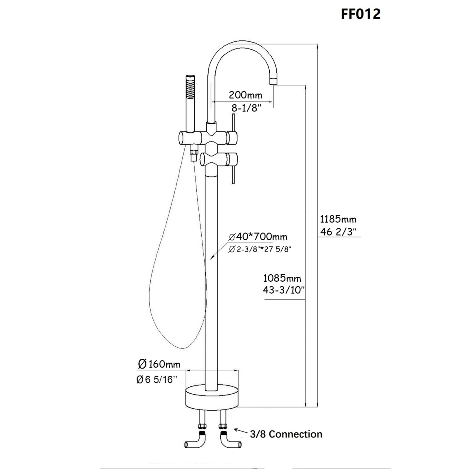 38" Sleek Silver Modern Freestanding Tub Filler Faucet, Metal & Natural - Image 5