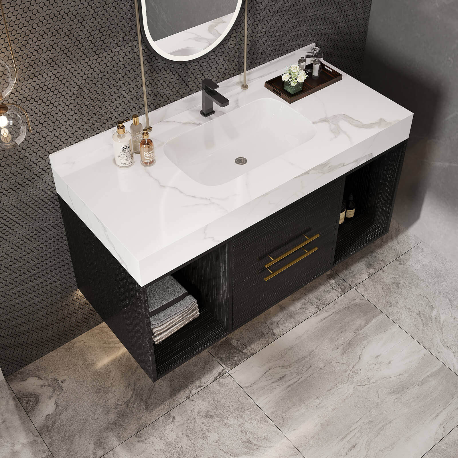 40" Black Solid Wood Wall Mounted Bathroom Vanity with Marble Countertops and Backsplash - Image 5