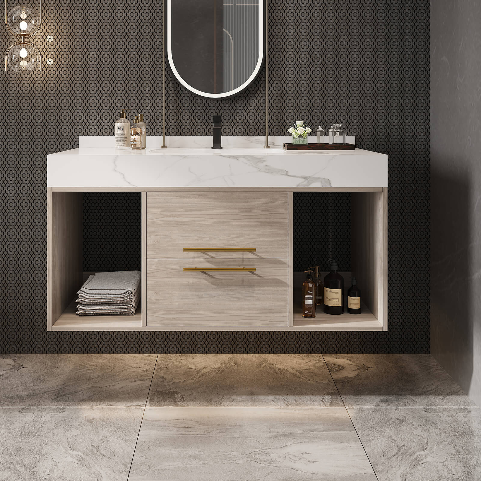 40" White Oak Wall Mounted Vanity with Backsplash - Image 3
