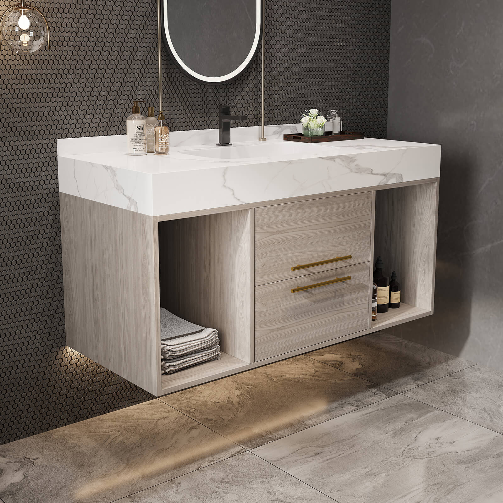 40" White Oak Wall Mounted Vanity with Backsplash - Image 4