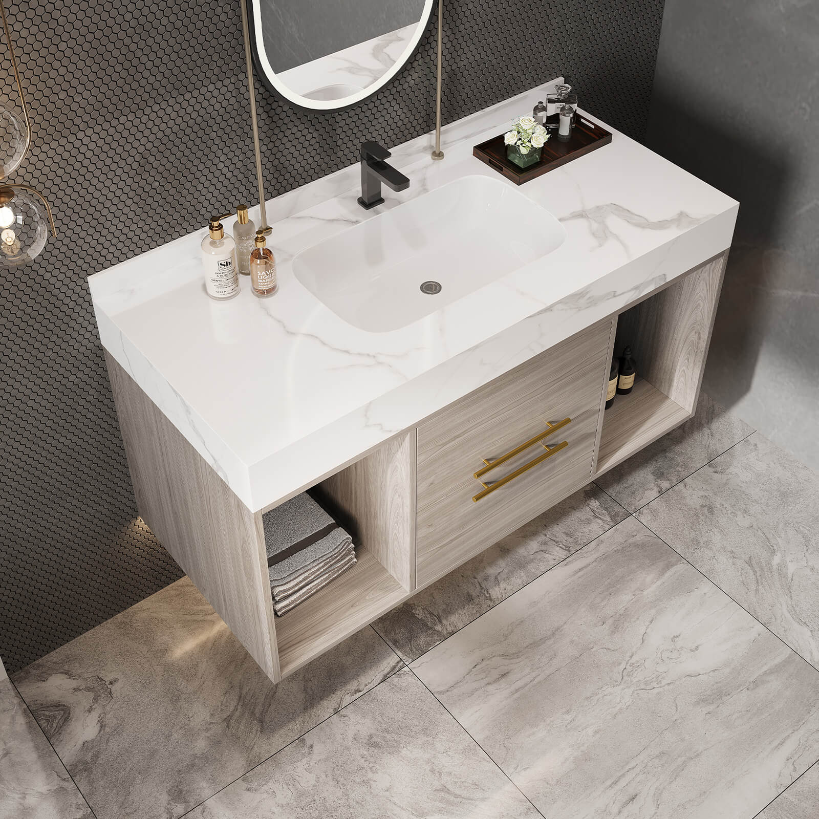 40" White Oak Wall Mounted Vanity with Backsplash - Image 5