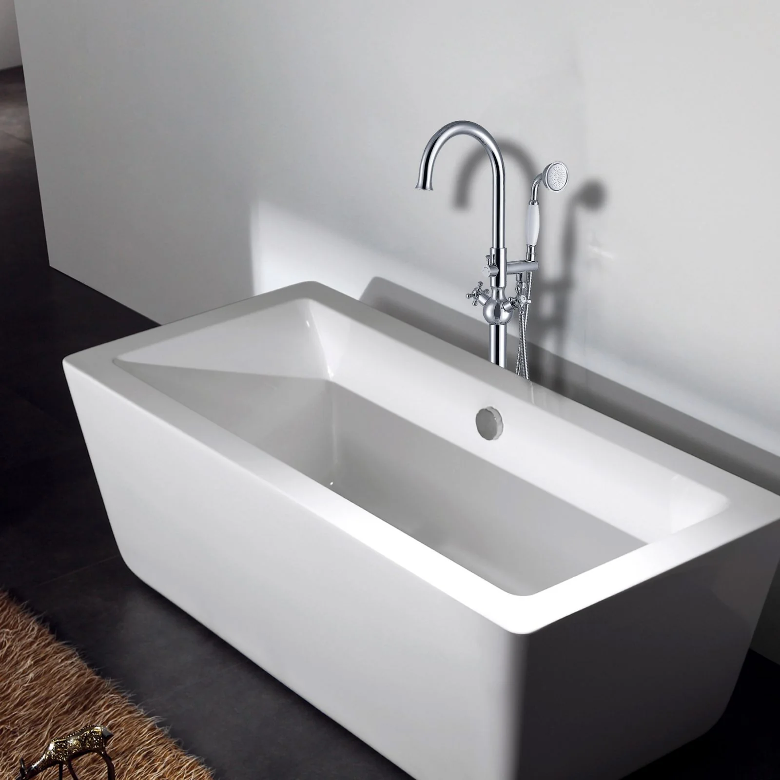 45" Chrome Independent Freestanding Tub Filler Faucet, Round Shower Head & Double Handles - Image 3