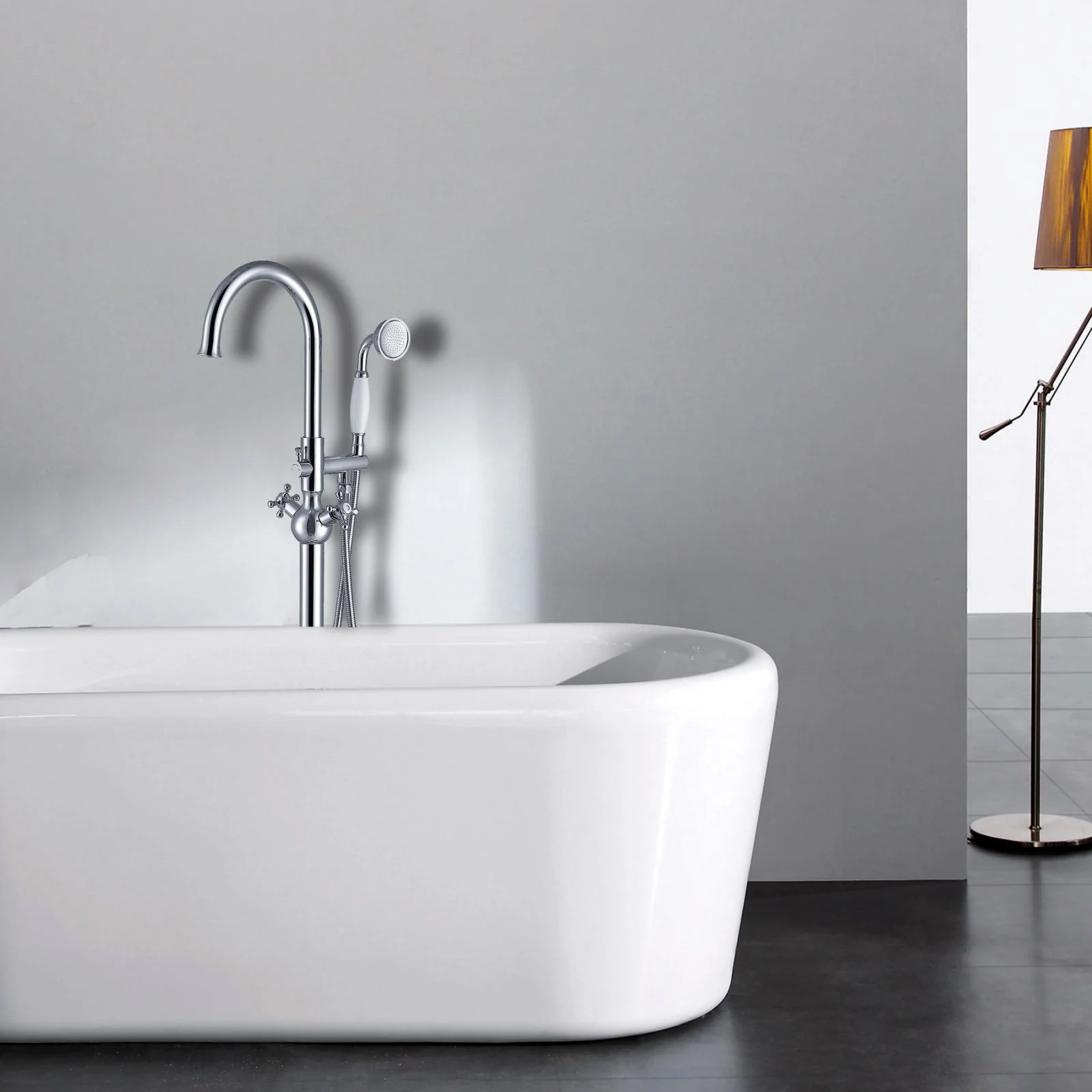 45" Chrome Independent Freestanding Tub Filler Faucet, Round Shower Head & Double Handles - Image 4