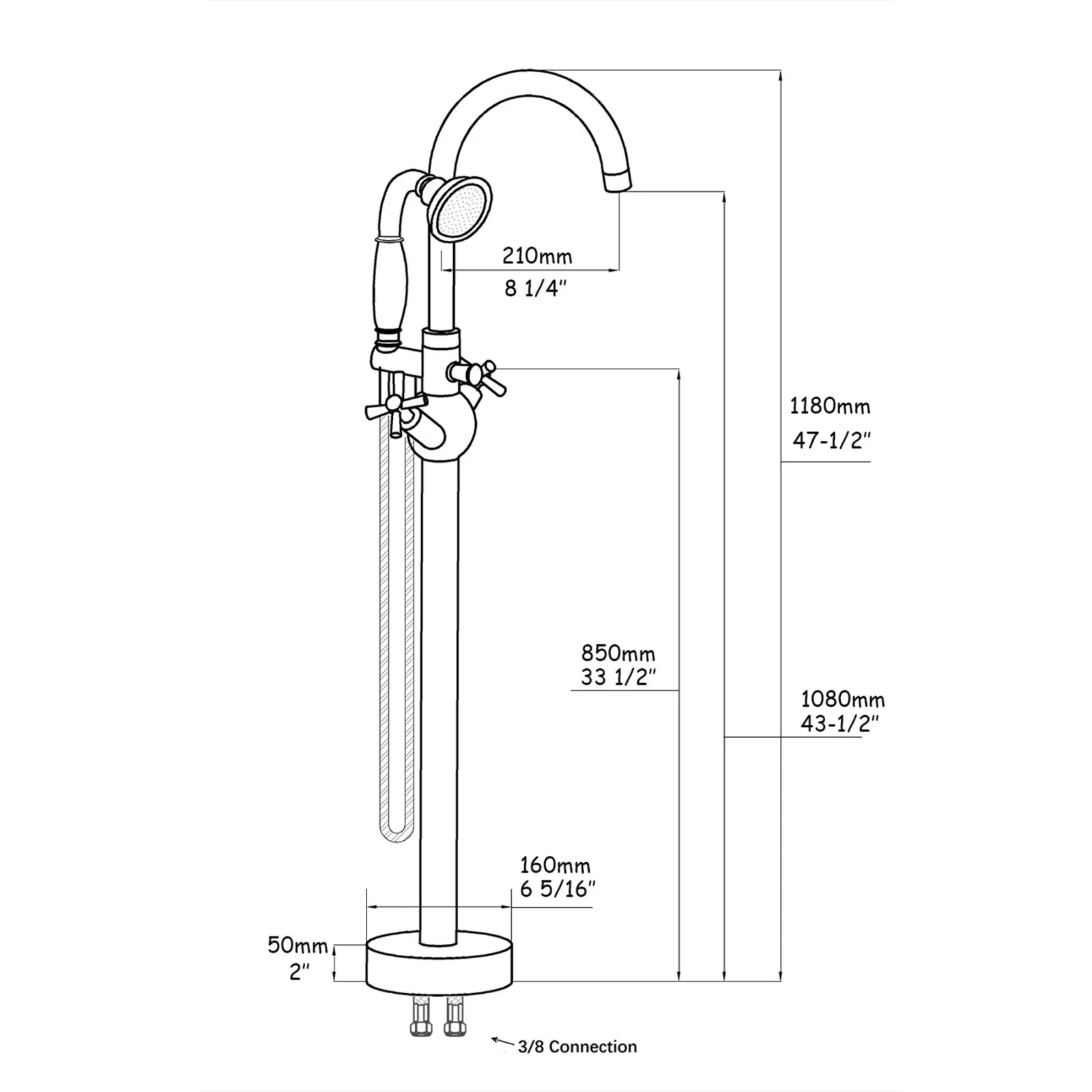 45" Chrome Independent Freestanding Tub Filler Faucet, Round Shower Head & Double Handles - Image 6