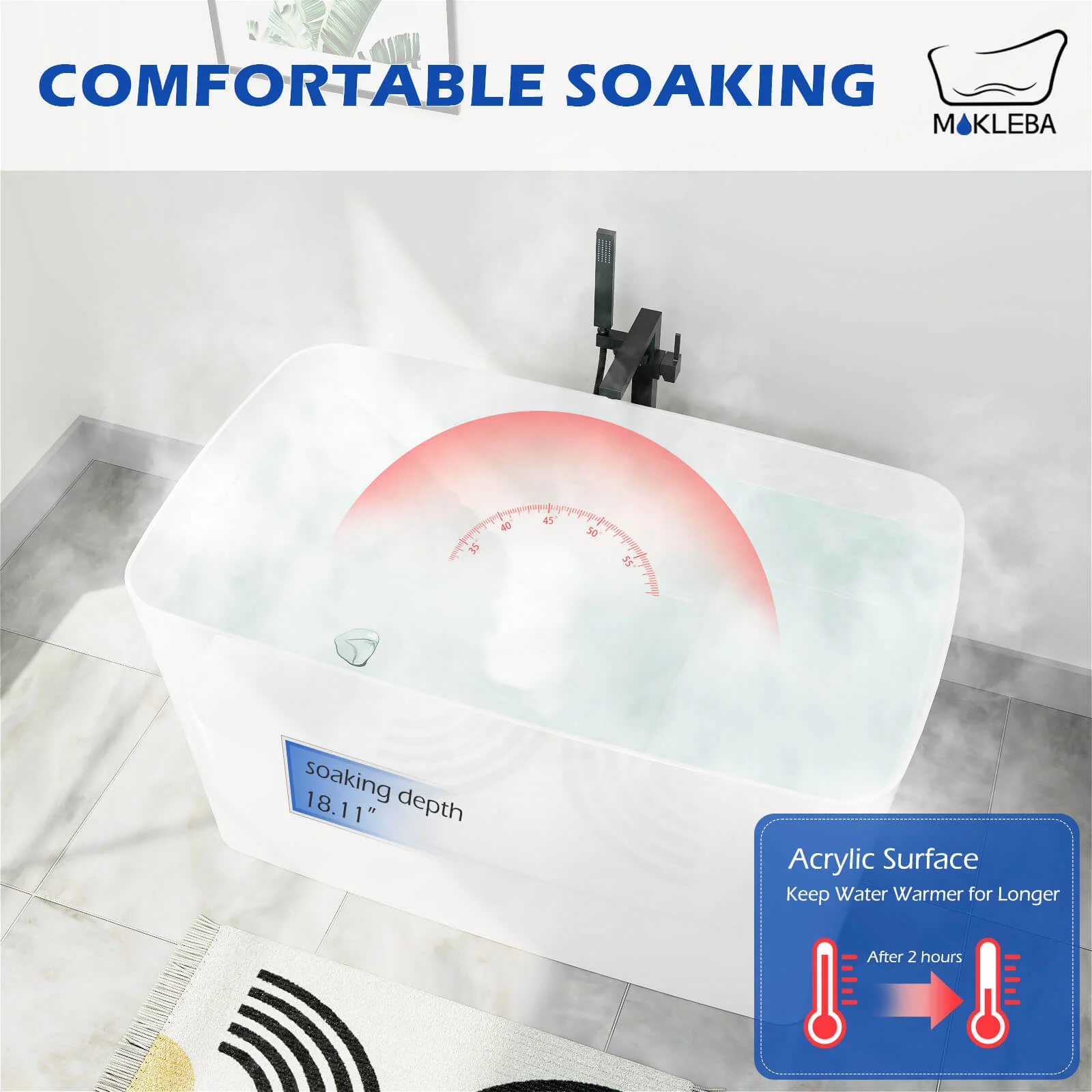 Mokleba 47" Acrylic Freestanding Japanese Soaking Bathtub with Built-in Seat Glossy White - Image 11