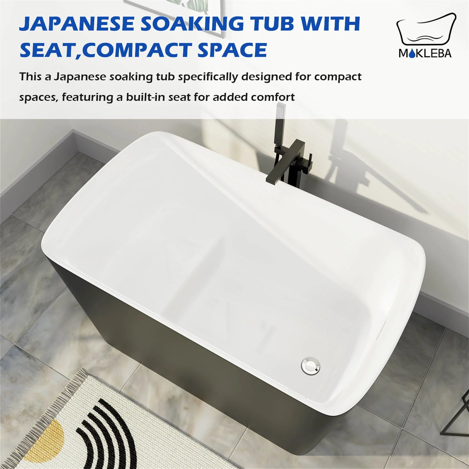 Mokleba 47'' Acrylic Freestanding Japanese Soaking Bathtub with Built-in Seat Matte Black - Image 5