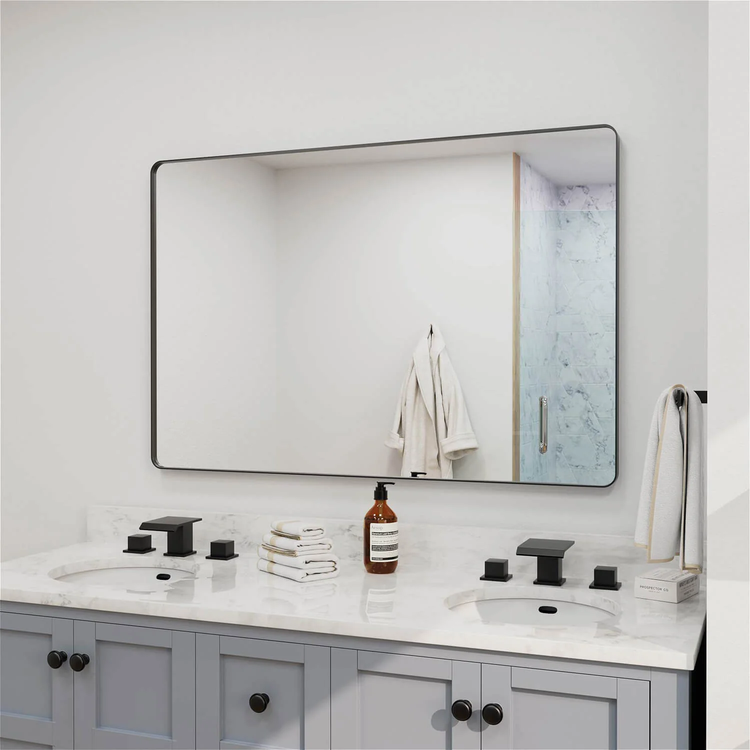 48"x32" Black Framed Mirror with Tempered Glass, Horizontal or Vertical - Image 3