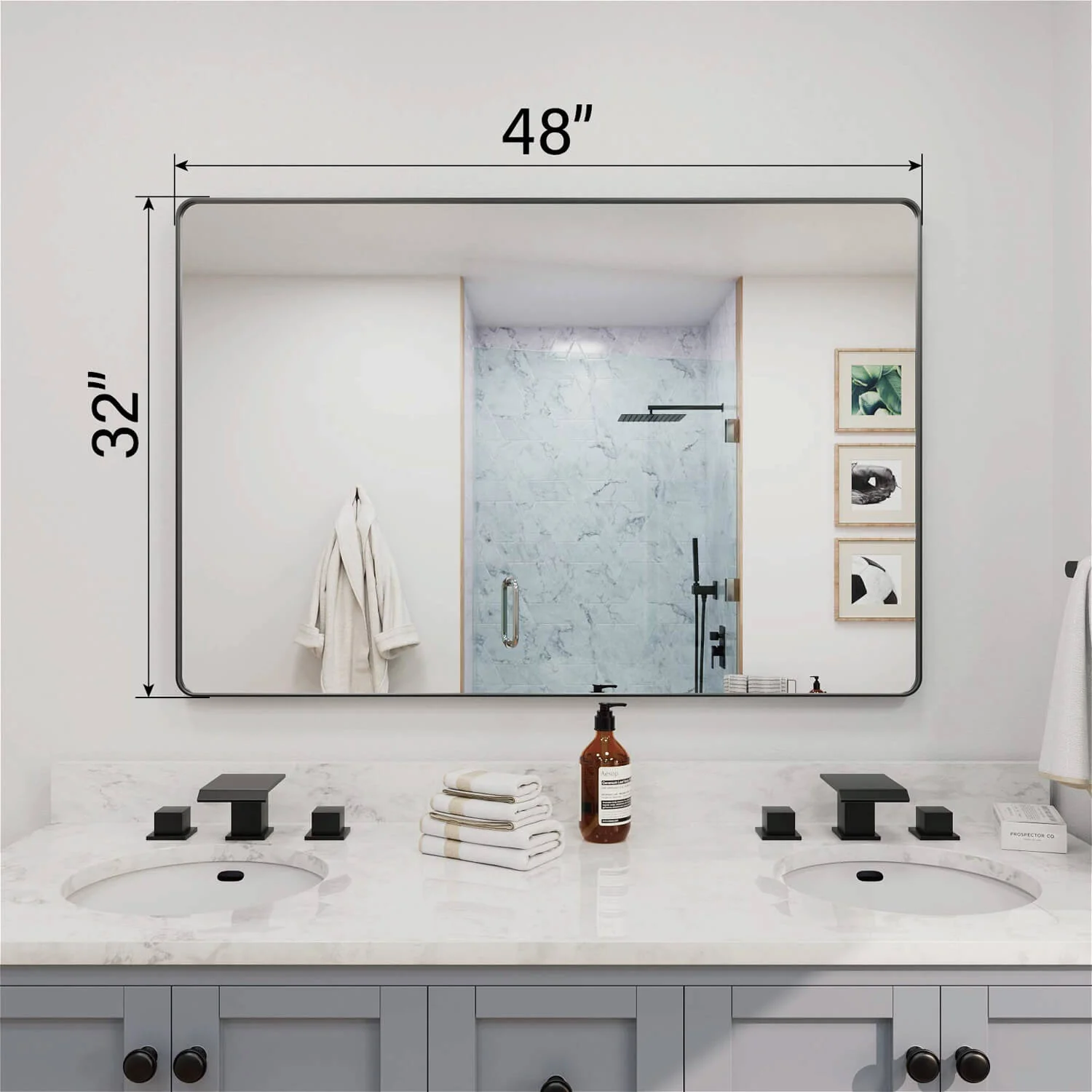 48"x32" Black Framed Mirror with Tempered Glass, Horizontal or Vertical - Image 4