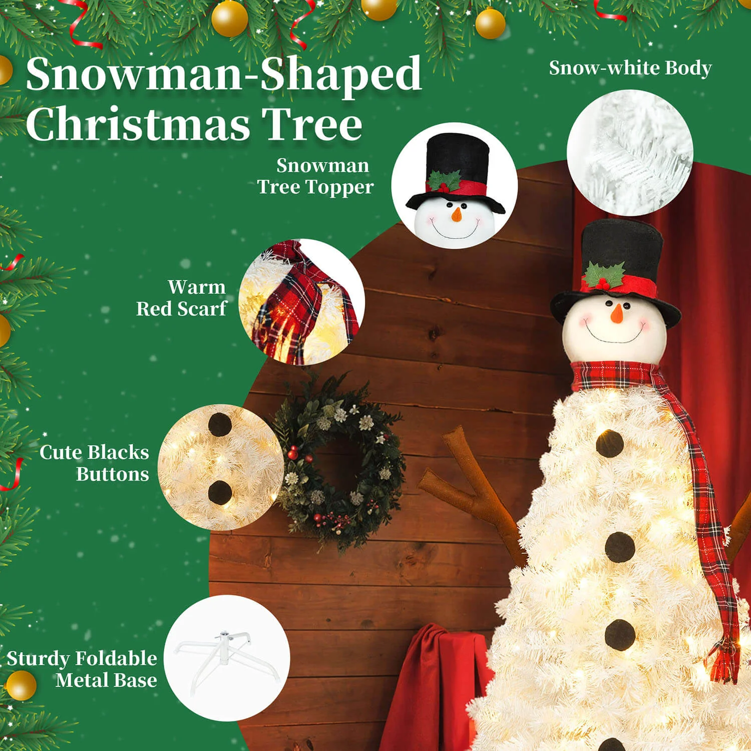 4FT Snowman Christmas Tree with Lights, Xmas Tree for Home Decorations - Image 3