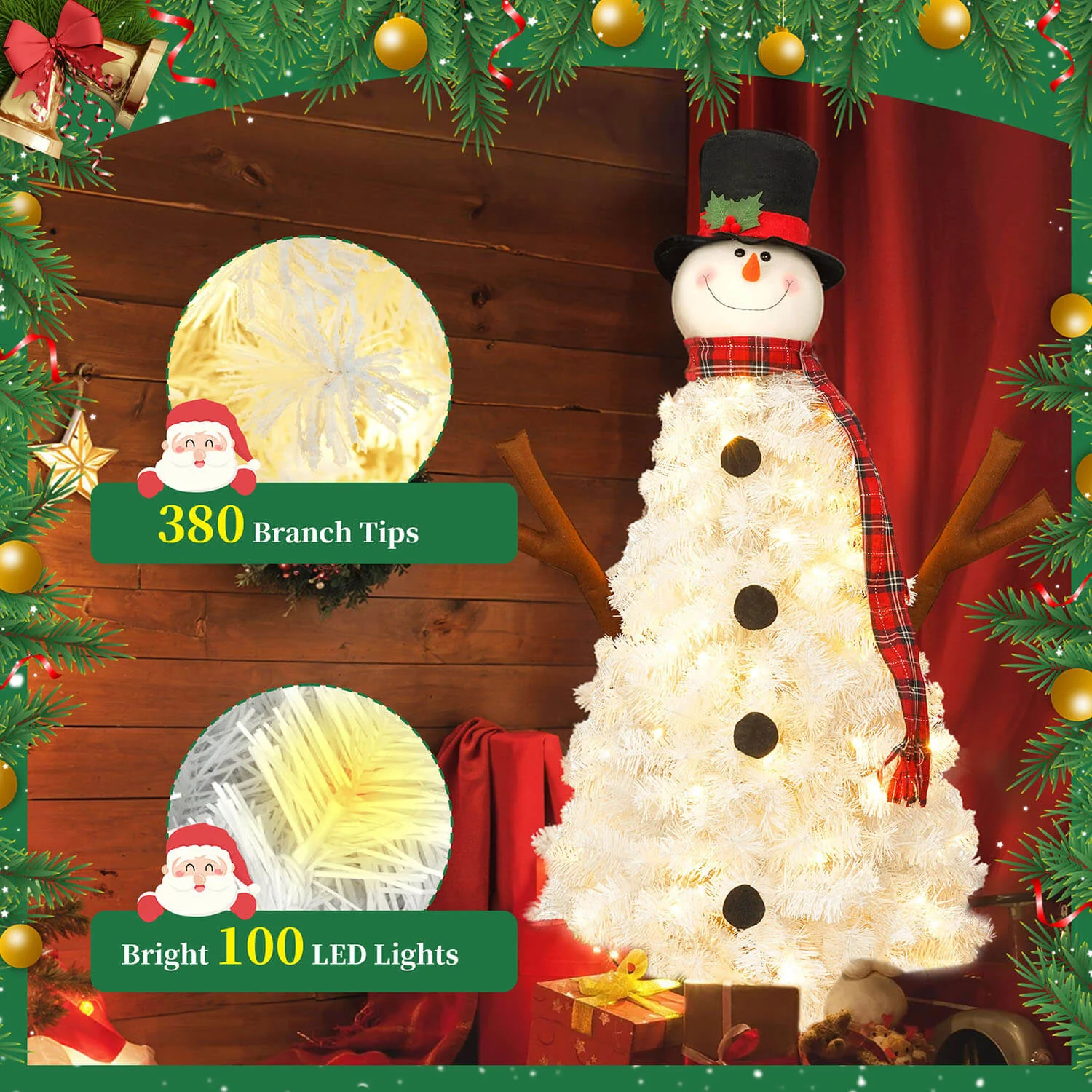 4FT Snowman Christmas Tree with Lights, Xmas Tree for Home Decorations - Image 4