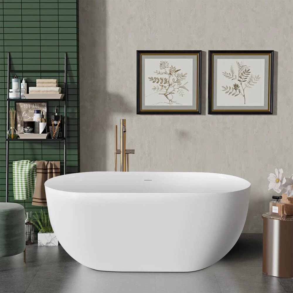 59'' Acrylic Flatbottom Double Ended Oval Freestanding Soaking Bathtub in White - Image 3