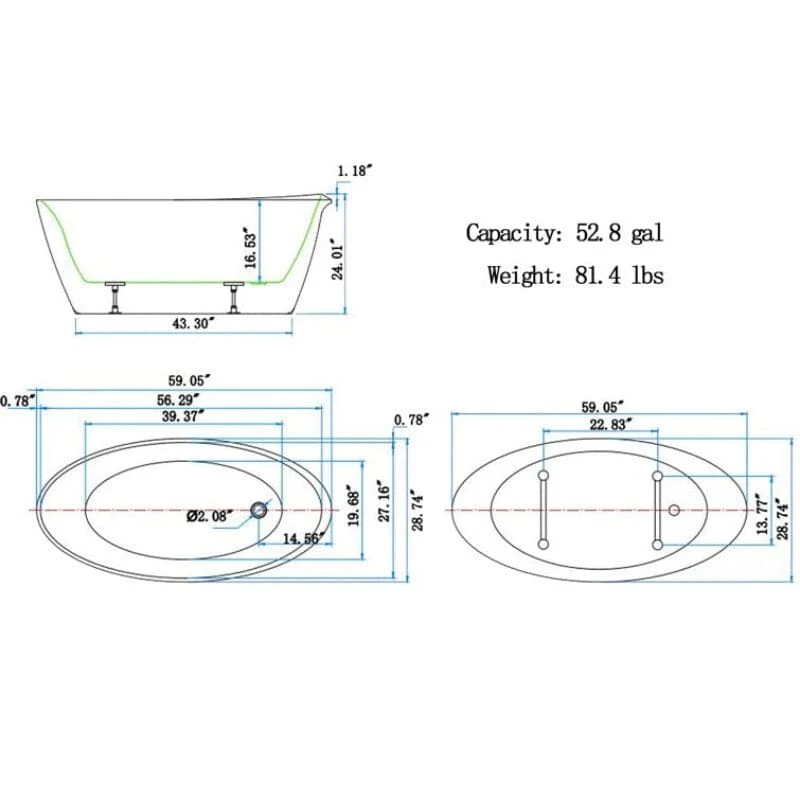 Mokleba 59" Acrylic Oval Shape Freestanding Soaking Bathtub with Overflow - Image 13