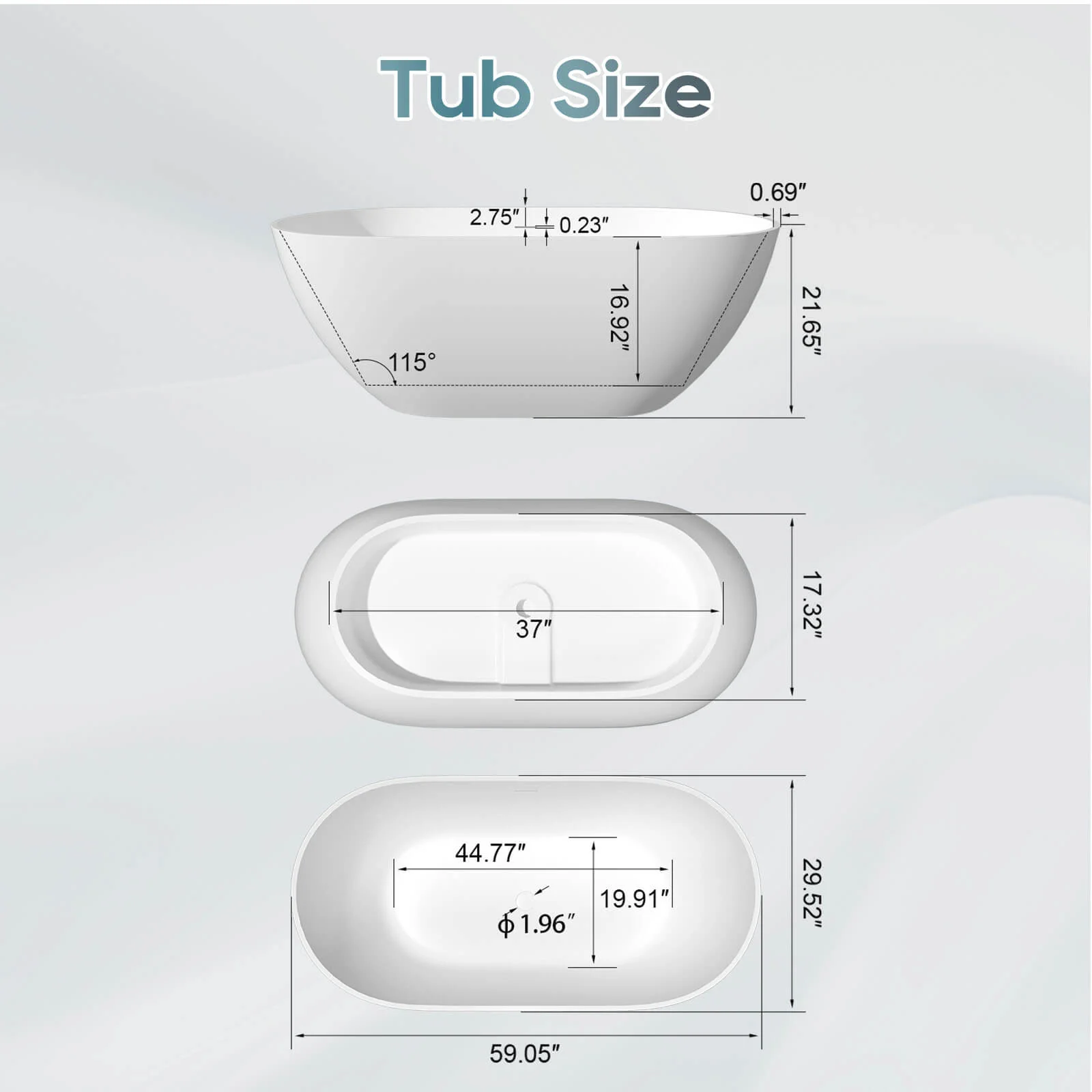 59'' Modern Bathtub Solid Surface Stone Resin Oval-shaped Freestanding Soaking Tub - Image 14