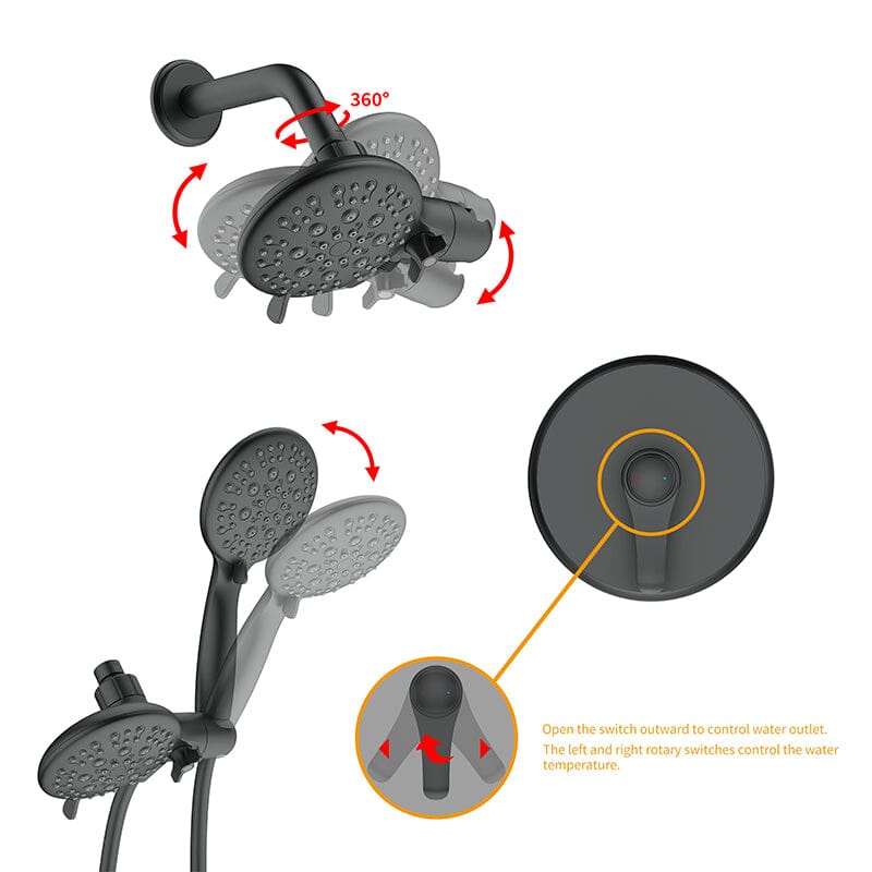 6 Spray Mode Dual Rain & Handheld Shower Heads Combo with Hose - Image 10