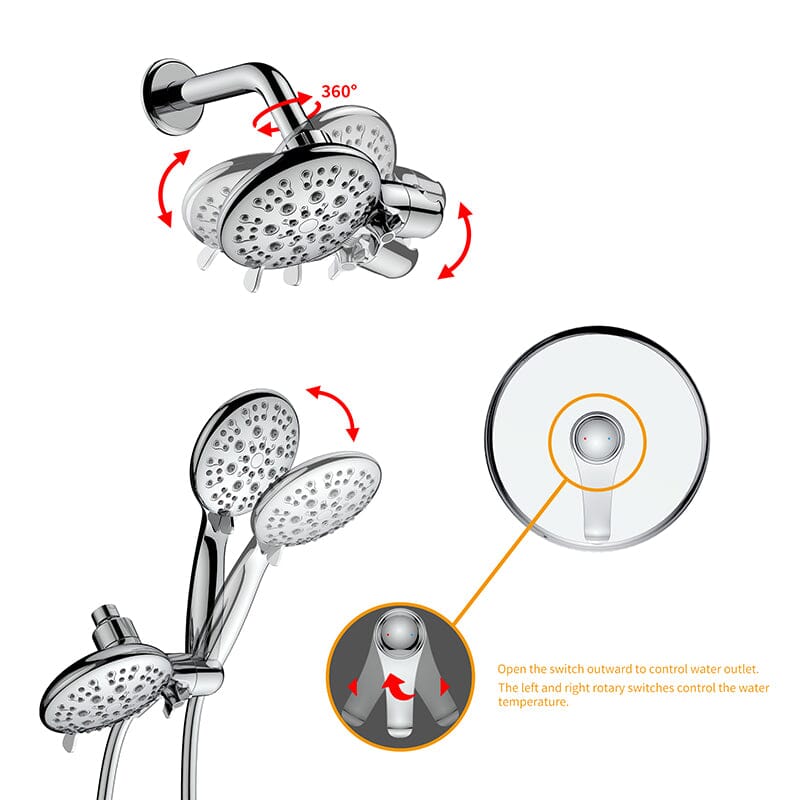6 Spray Mode Dual Rain & Handheld Shower Heads Combo with Hose - Image 36