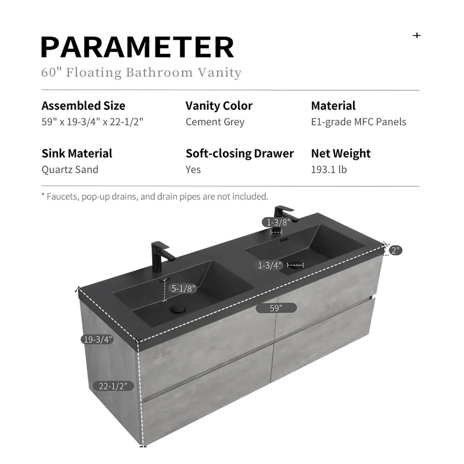 60" Ash Gray Wall-Mounted Bathroom Vanity with Black Quartz Sand Top Basin - Image 11
