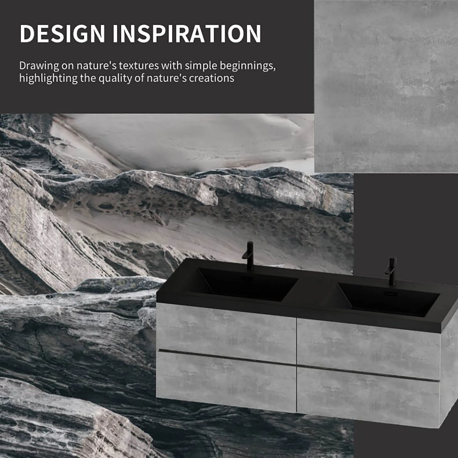 60" Ash Gray Wall-Mounted Bathroom Vanity with Black Quartz Sand Top Basin - Image 5