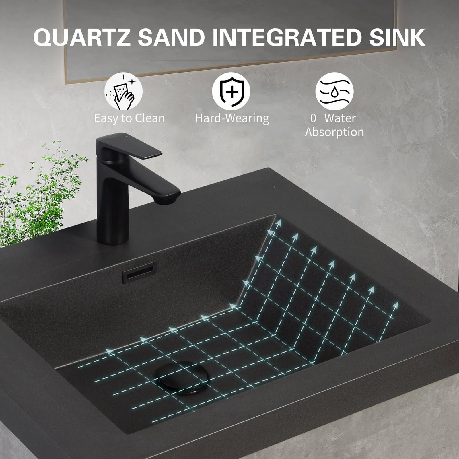 60" Ash Gray Wall-Mounted Bathroom Vanity with Black Quartz Sand Top Basin - Image 8