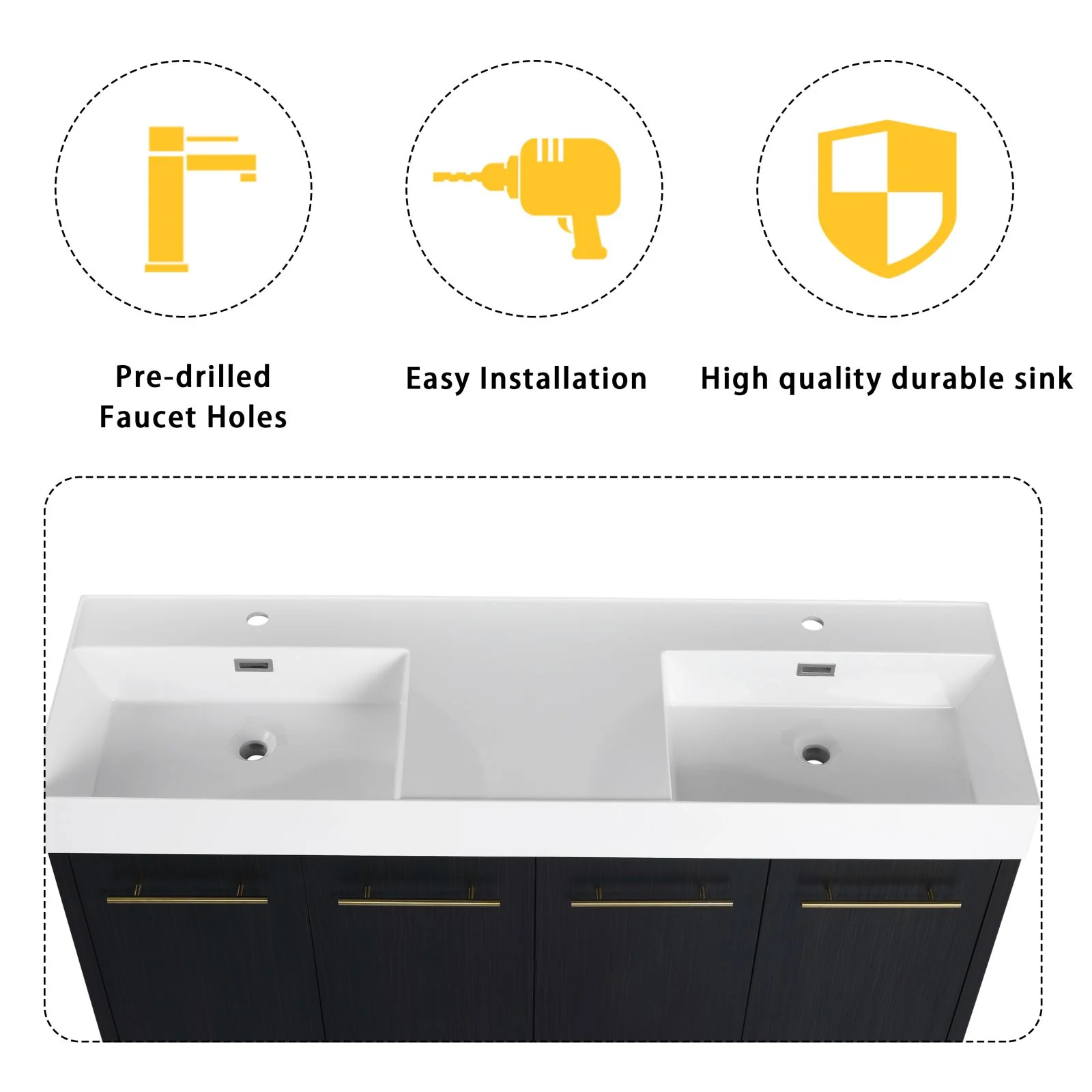 60" Black Chestnut Freestanding Bathroom Vanity with Double Resin Sinks & Soft-Close Doors - Image 4