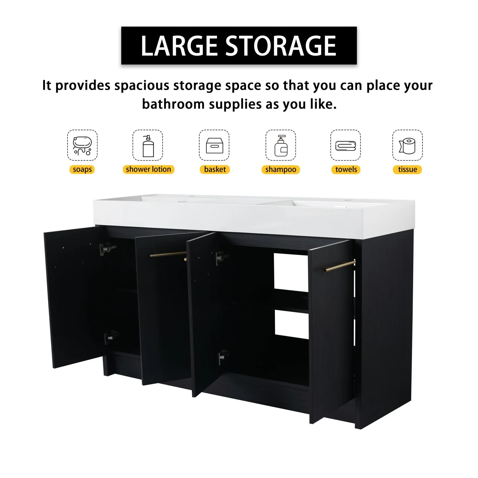 60" Black Chestnut Freestanding Bathroom Vanity with Double Resin Sinks & Soft-Close Doors - Image 8
