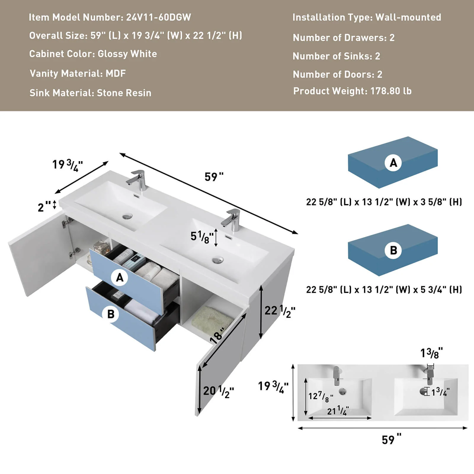60" Double Sink Bathroom Vanity with Soft-Close Drawers - Image 11