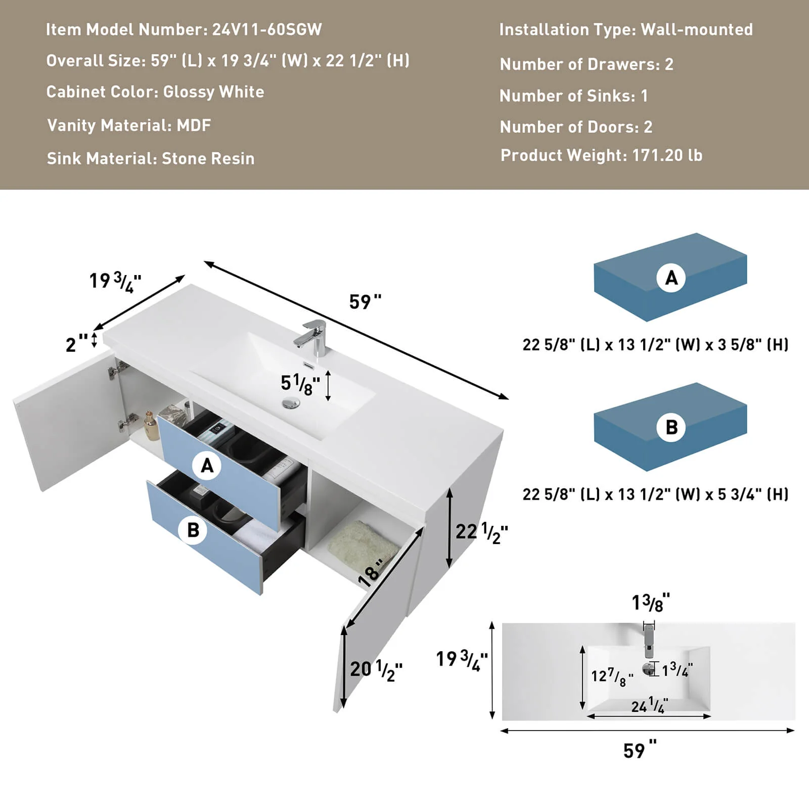 60" Single Sink Vanity Featuring a Spacious Countertop - Image 9