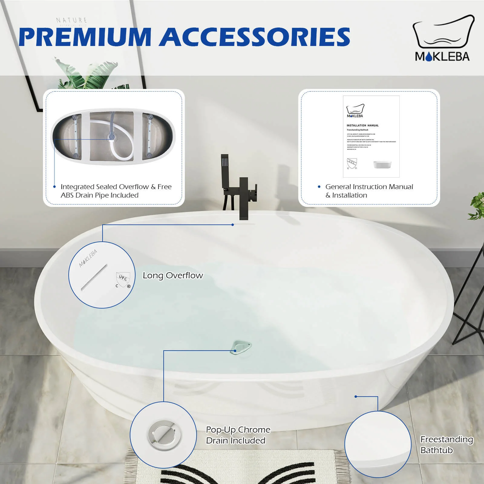 Mokleba 59" Acrylic Modern Bathtub Oval Shape Freestanding Soaking Tub - Image 6