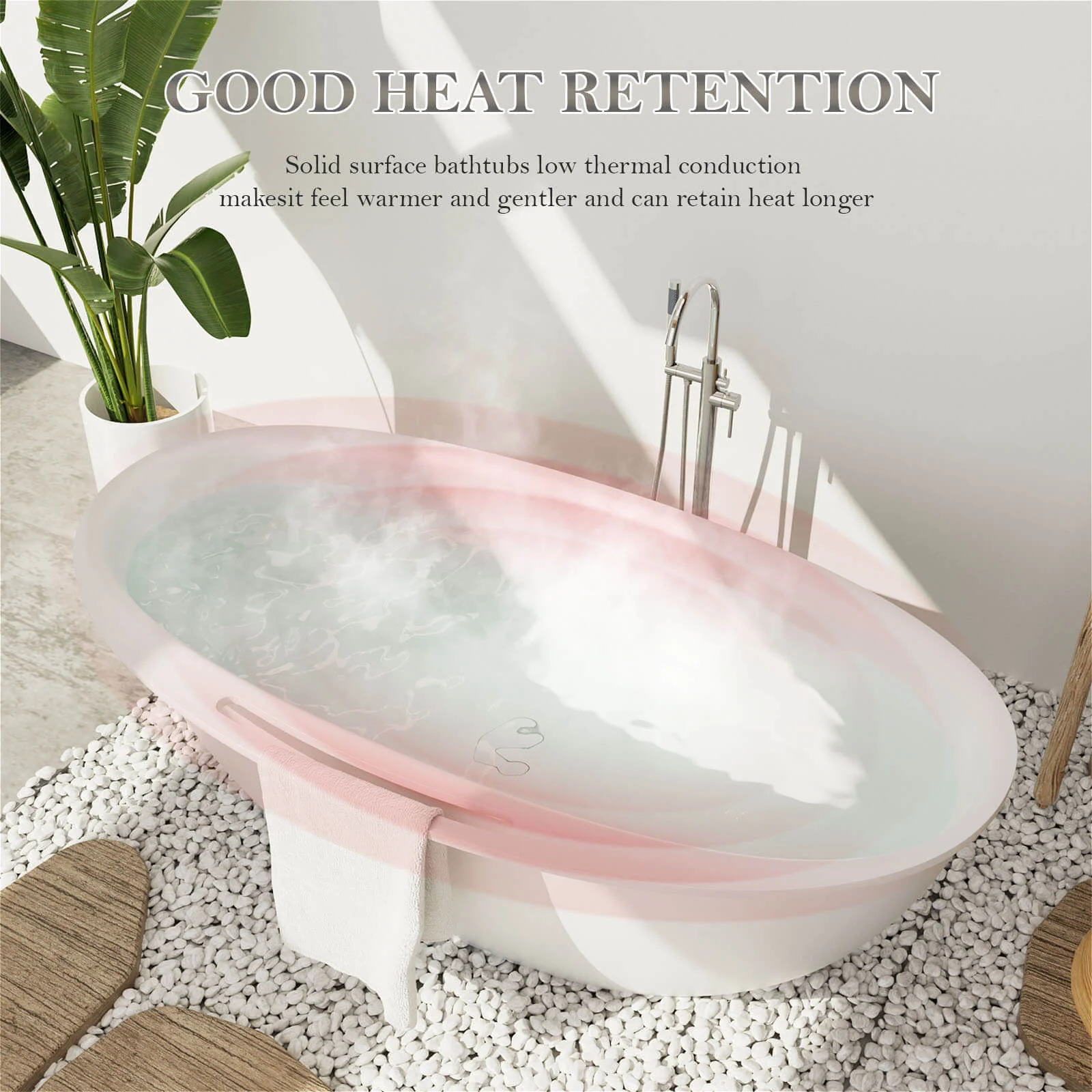 63" Solid Surface Stone Resin Tub Freestanding Soaking Bathtub with Towel Rack Shelf - Image 11