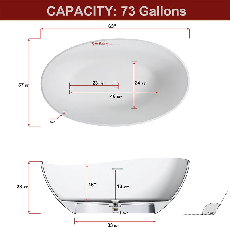 63'' Solid Surface Stone Resin Freestanding Soaking Bathtub Wave-shaped - Image 17