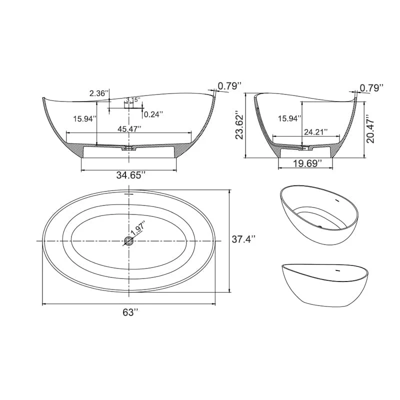63'' Wave Shaped Freestanding Stone Resin Soaking Bathtub - Image 13